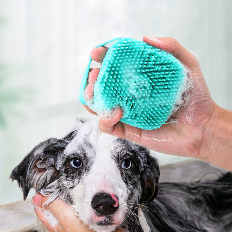 Soft silicone massager bathing brush used on a dog's head