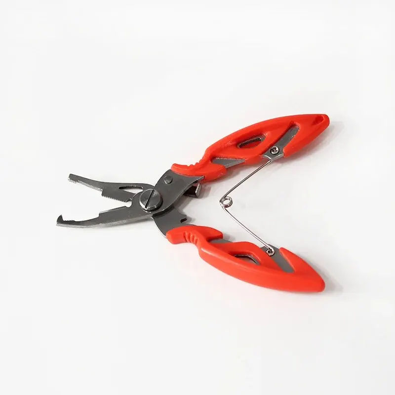 Stainless steel fishing pliers with red handles.