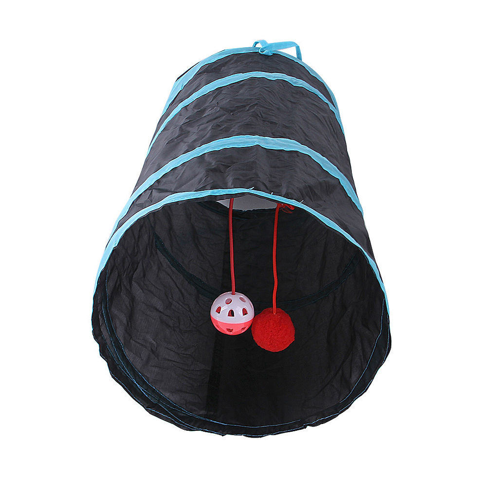 Thumbnail: Foldable black and teal cat tunnel with hanging toys