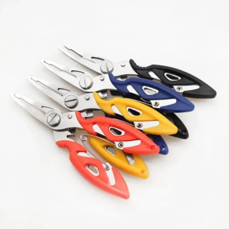 Stainless steel fishing pliers in black, blue, yellow, and red