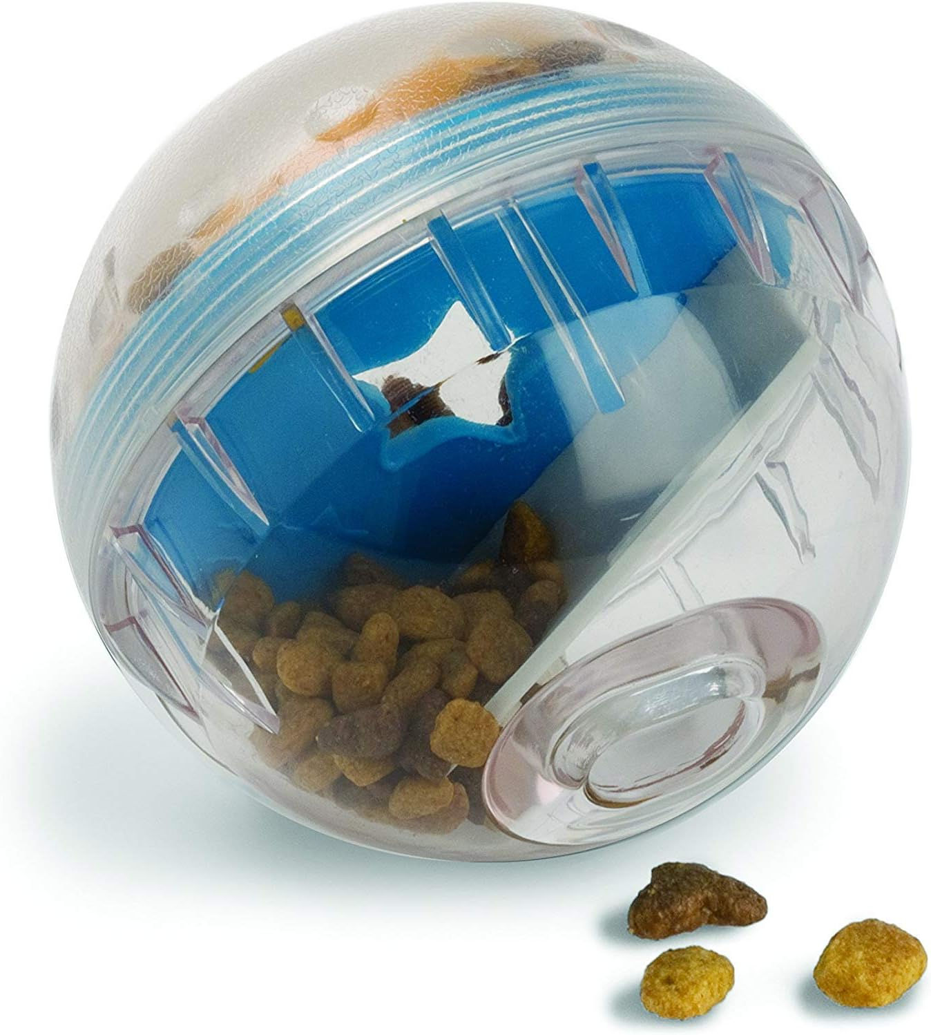 Smart treat-dispensing pet ball with kibble inside