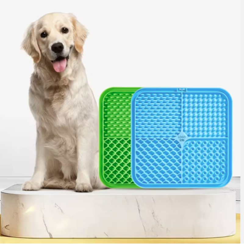 Thumbnail: Golden Retriever next to blue and green pet licking mats