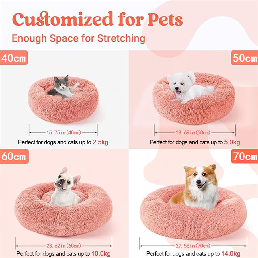 Thumbnail: Size chart for plush donut pet beds with four dog and cat sizes.