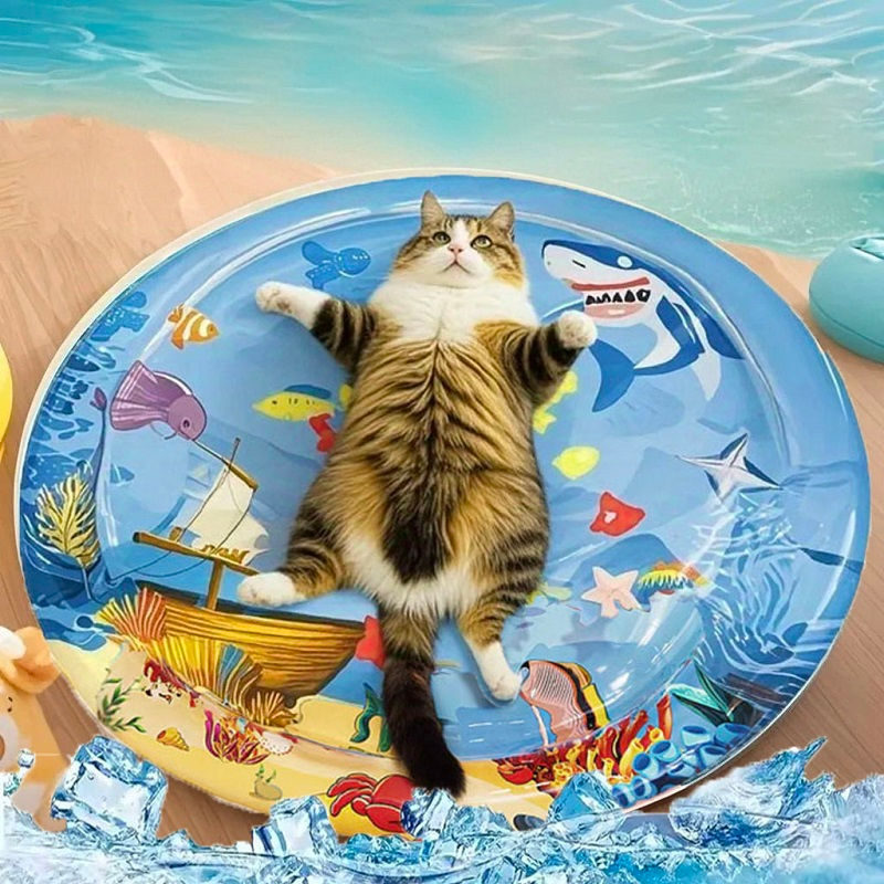 Cat lying on a cooling sensory water mat for pets