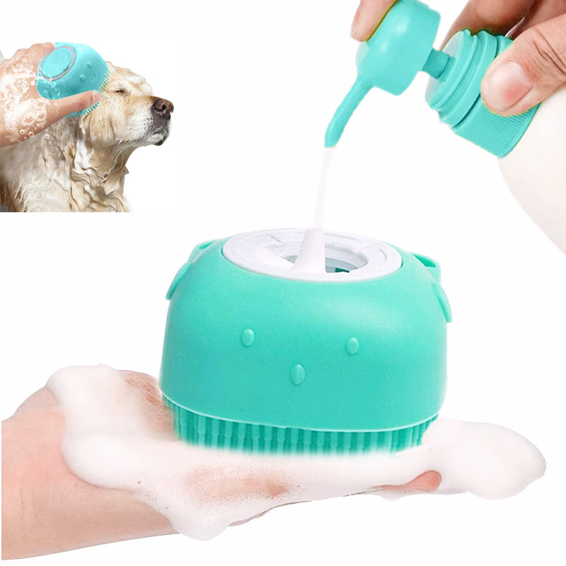 Silicone pet bathing brush being filled with soap