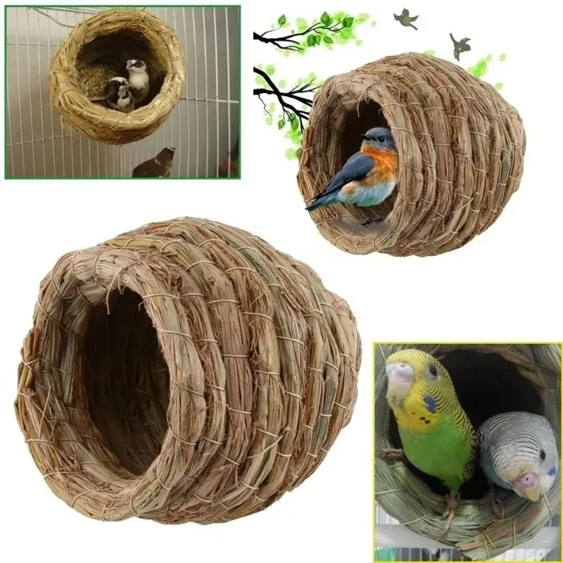 Woven hanging bird house for small birds like parakeets.