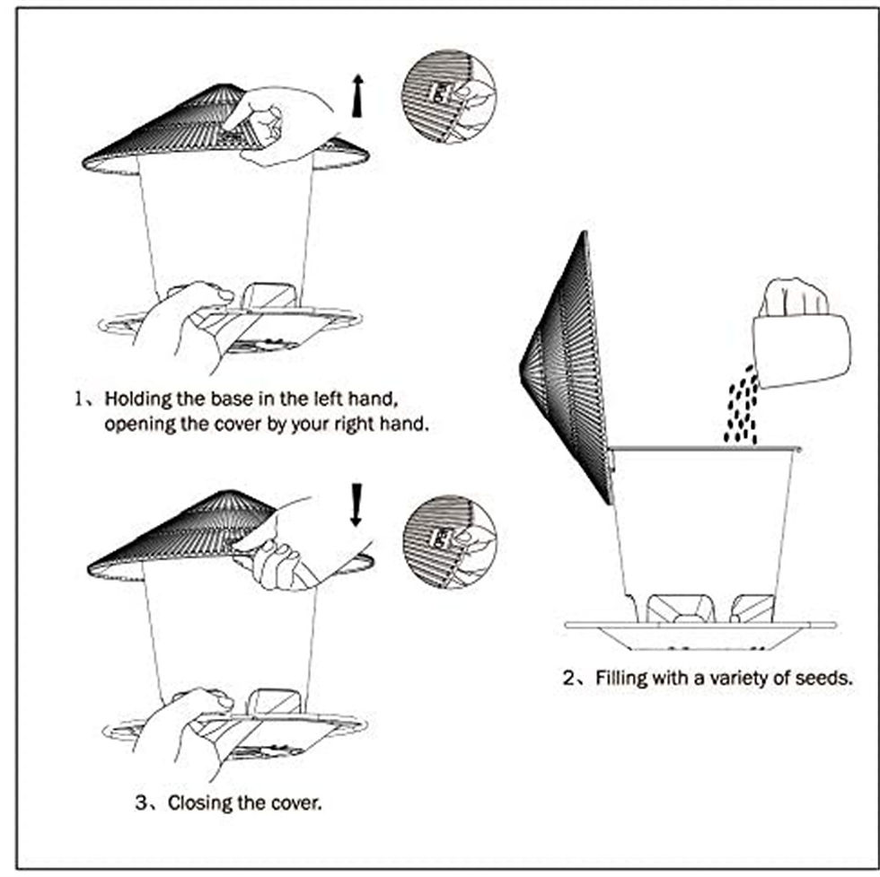 Diagram showing how to open, fill, and close an outdoor bird feeder.