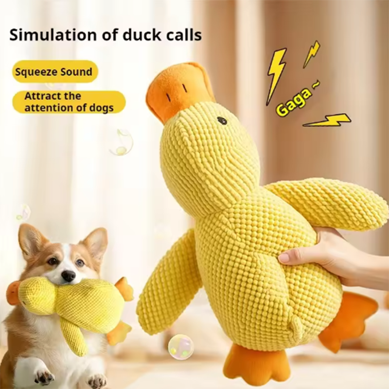 Squeaky yellow duck dog toy with simulation calls text