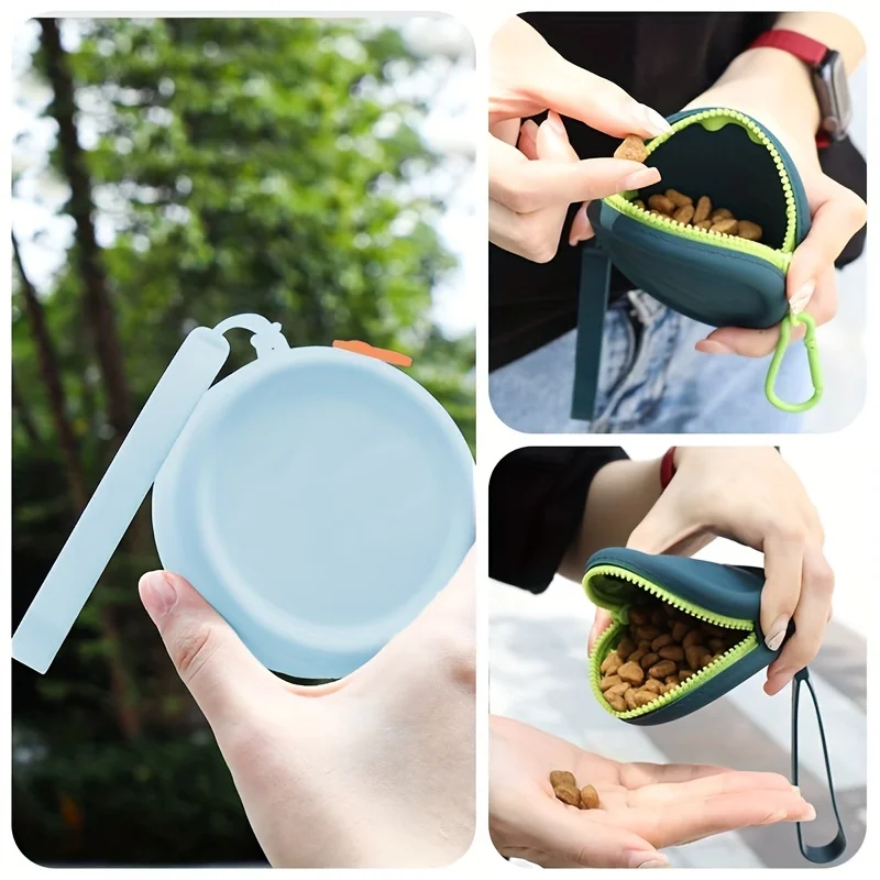 Thumbnail: Collage showing a silicone dog treat pouch being used.