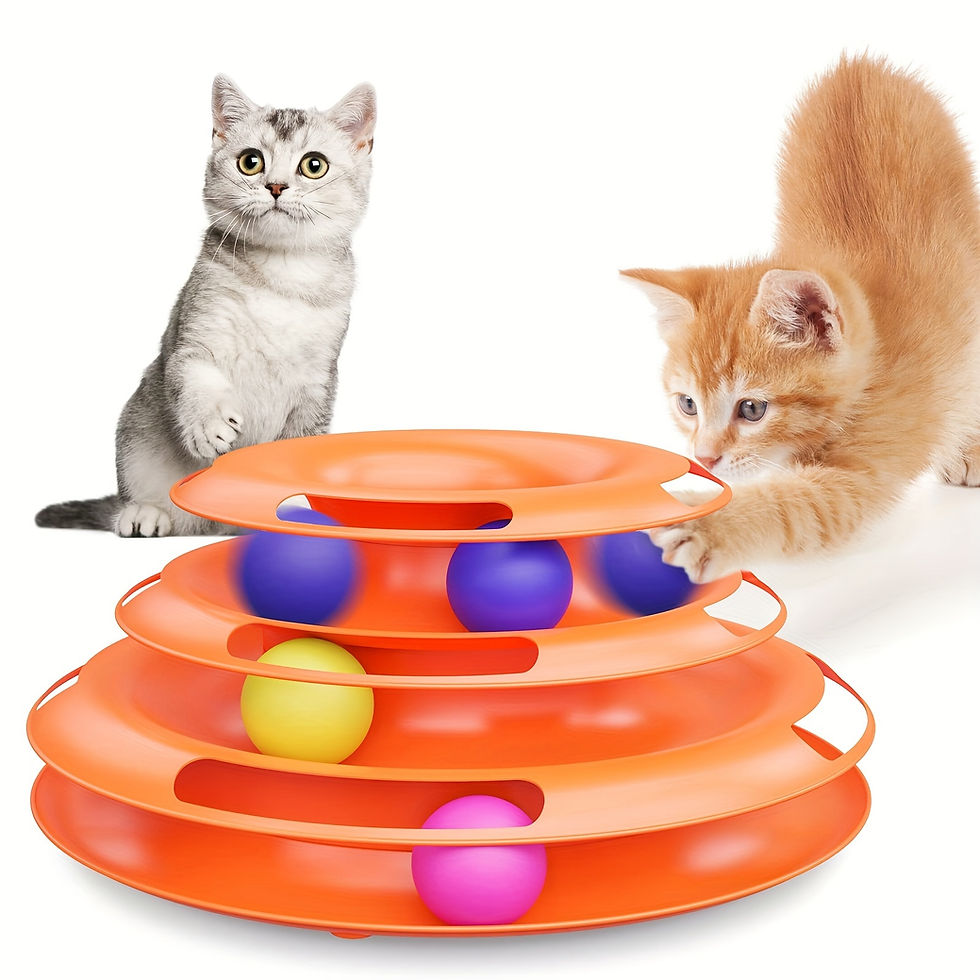 Two kittens playing with a 3-layer interactive cat toy tower.