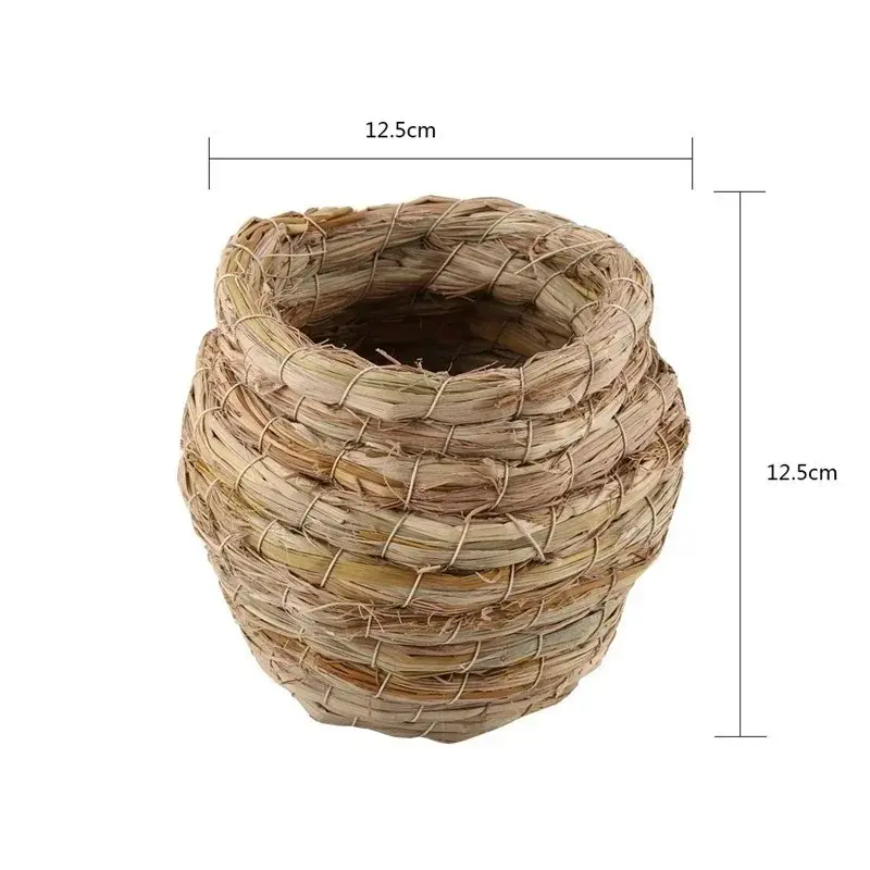 Woven hanging bird house measuring 12.5cm by 12.5cm.