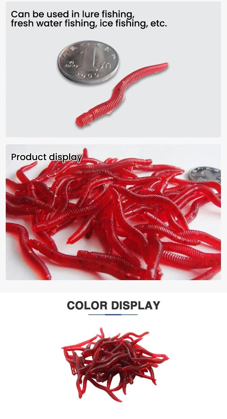 Thumbnail: Lifelike red soft fishing lures displayed in a pile.
