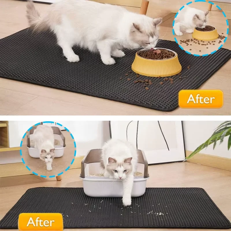 Cat litter mat trapping scattered litter and food spills.