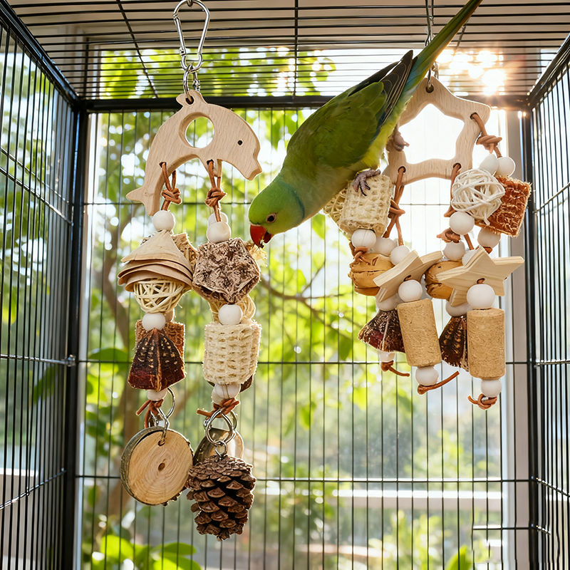 Green parrot playing with natural wooden bird toys in cage