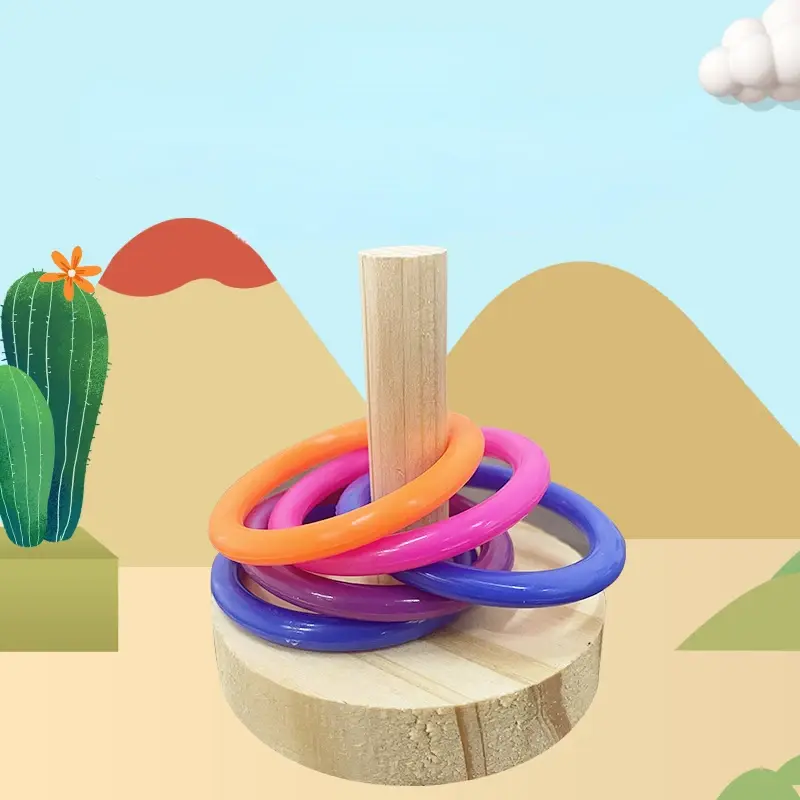 Wooden interactive ring toy with colorful rings on a stand
