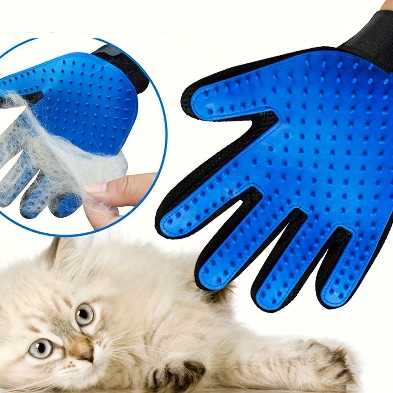 Thumbnail: Blue pet grooming glove being used on a fluffy cat.