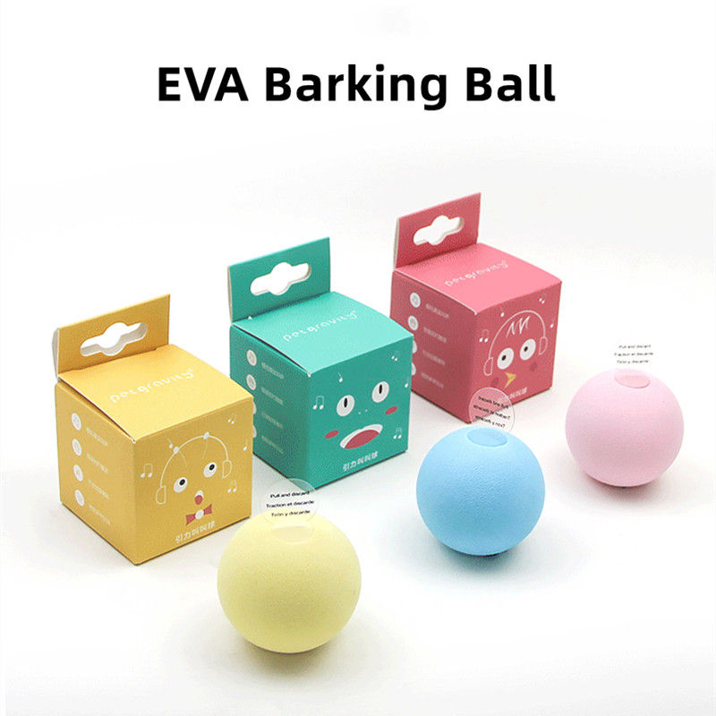Thumbnail: Yellow, blue, and pink EVA barking ball cat toys with boxes