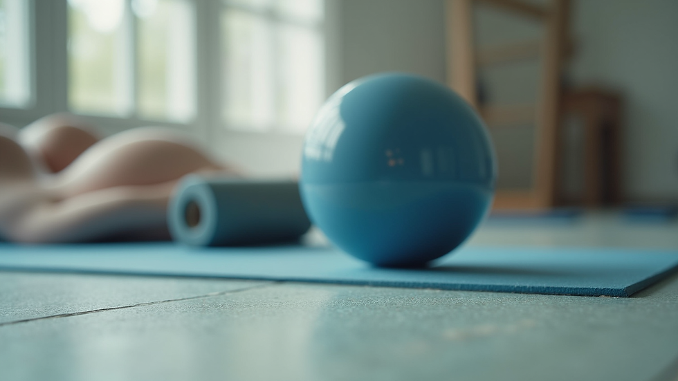 Close-up view of exercise mat with physiotherapy equipment