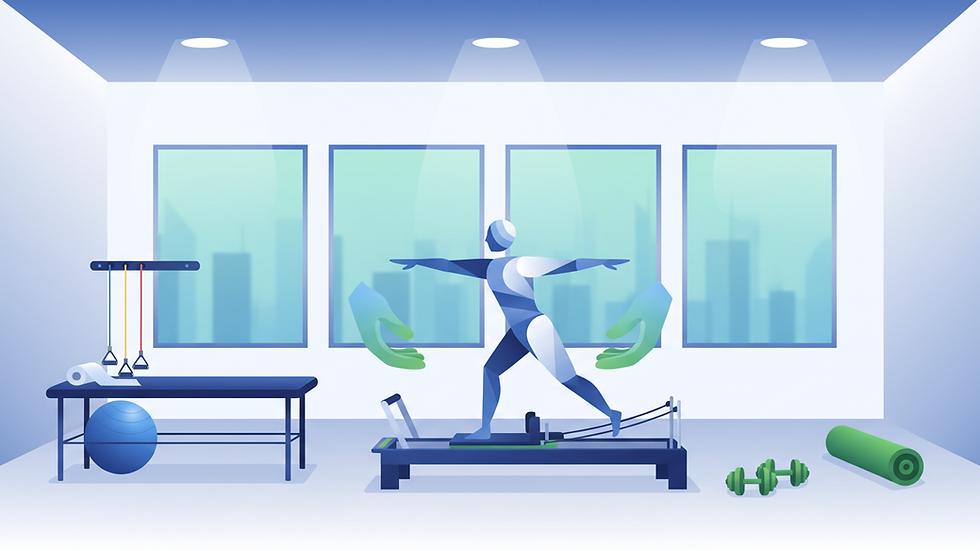 Eye-level view of a physiotherapy clinic room with exercise equipment