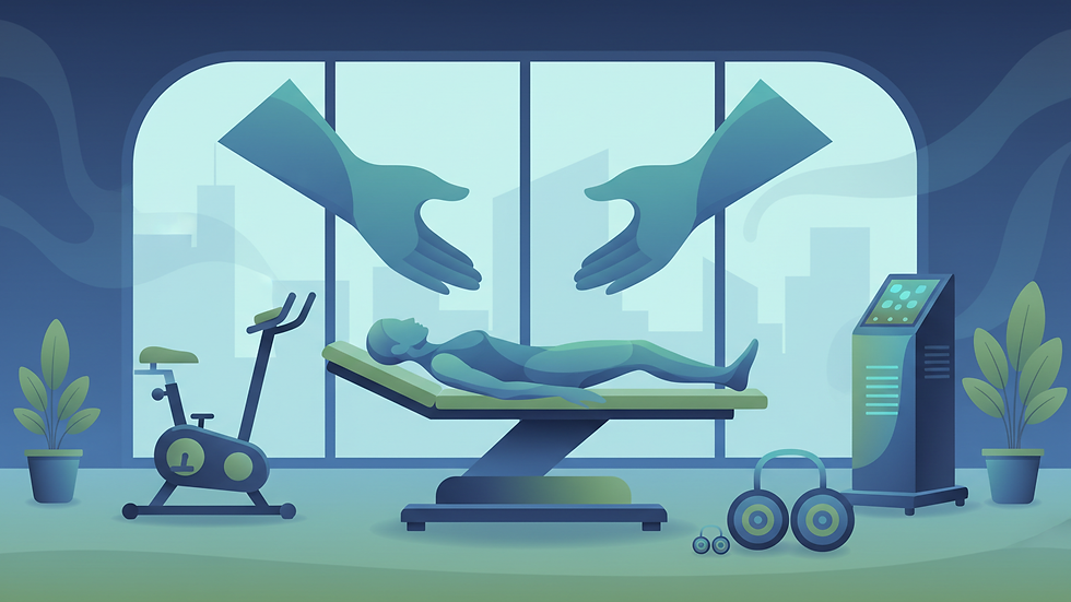 Eye-level view of physiotherapy clinic treatment room with equipment