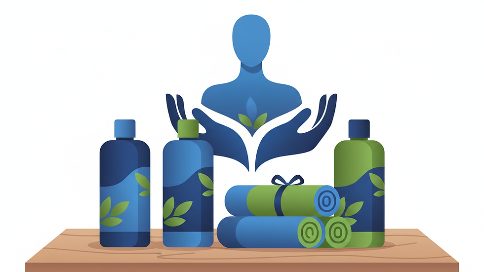 Close-up view of massage oils and towels on a wooden table