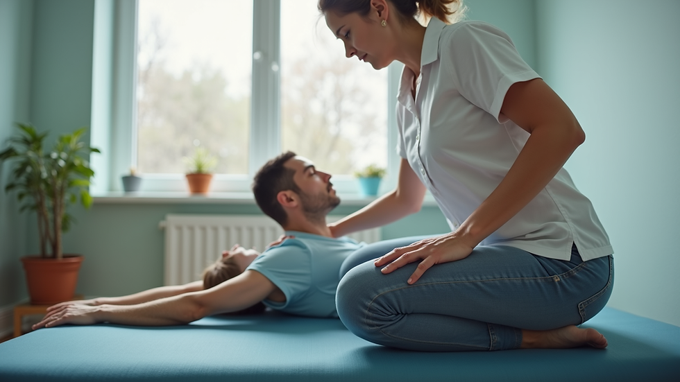 Eye-level view of physiotherapist guiding patient through back exercises