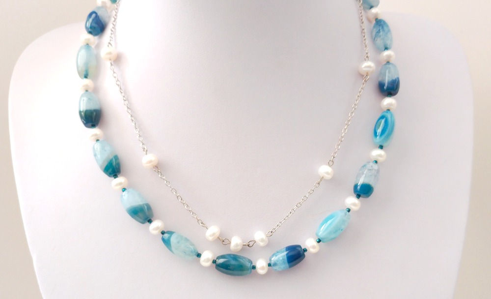 שרשרת אגאט בגווני תכלכת ופנינים