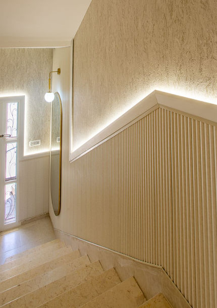Living area planning and interior design. Steps area