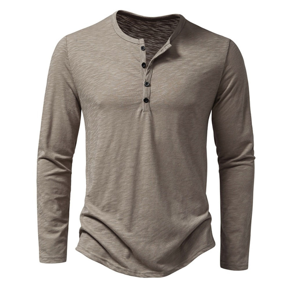Camisa de hombre de algodón con cuello Henley y botones, manga larga, estilo cas