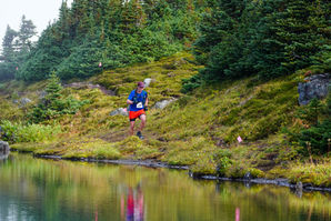Runners approaching an aid station during the HahNicNaAah race in Smithers, BC
