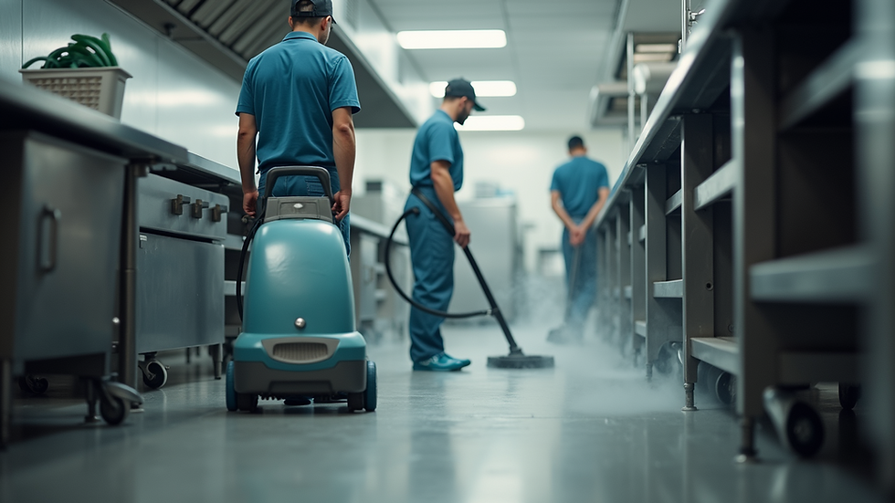 Eye-level view of a professional steam cleaner in action in a busy kitchen