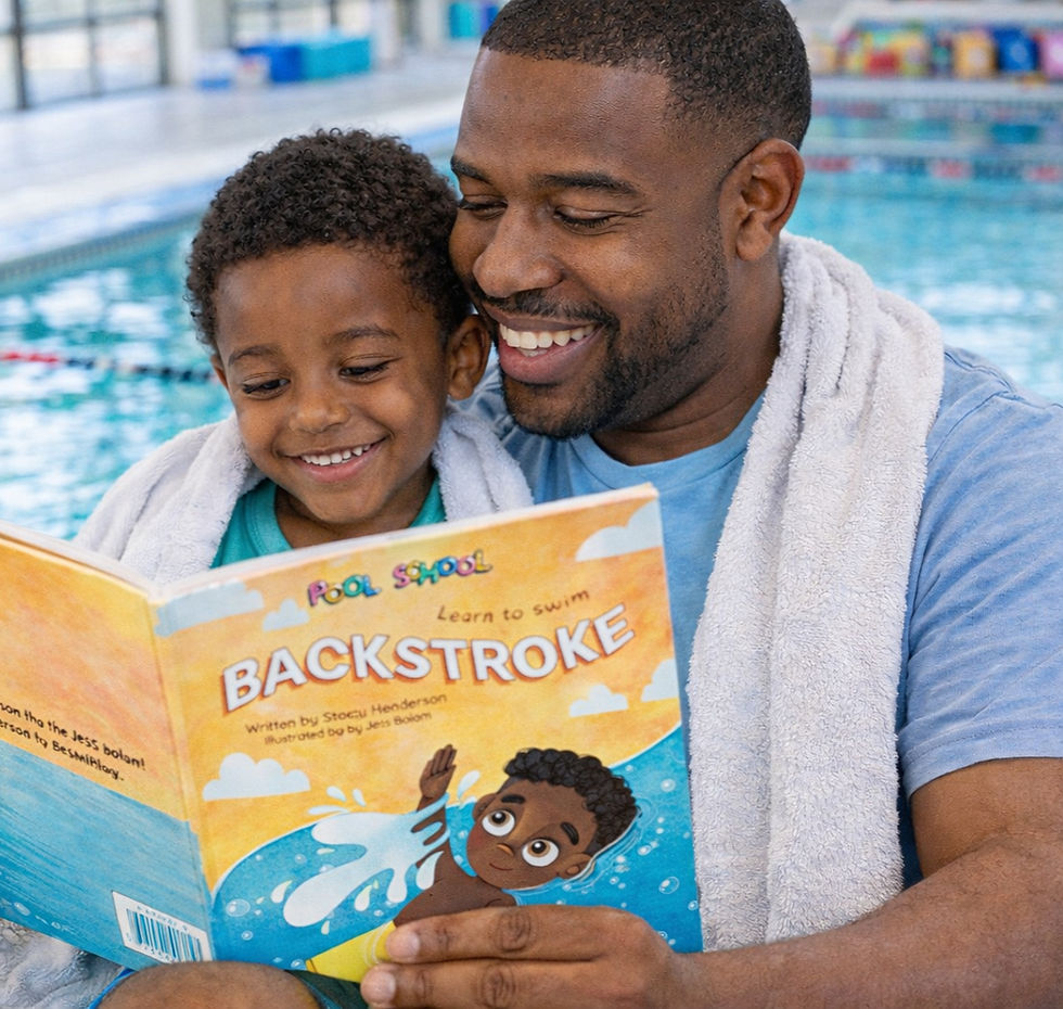 A parent reading a Pool School book to his child.