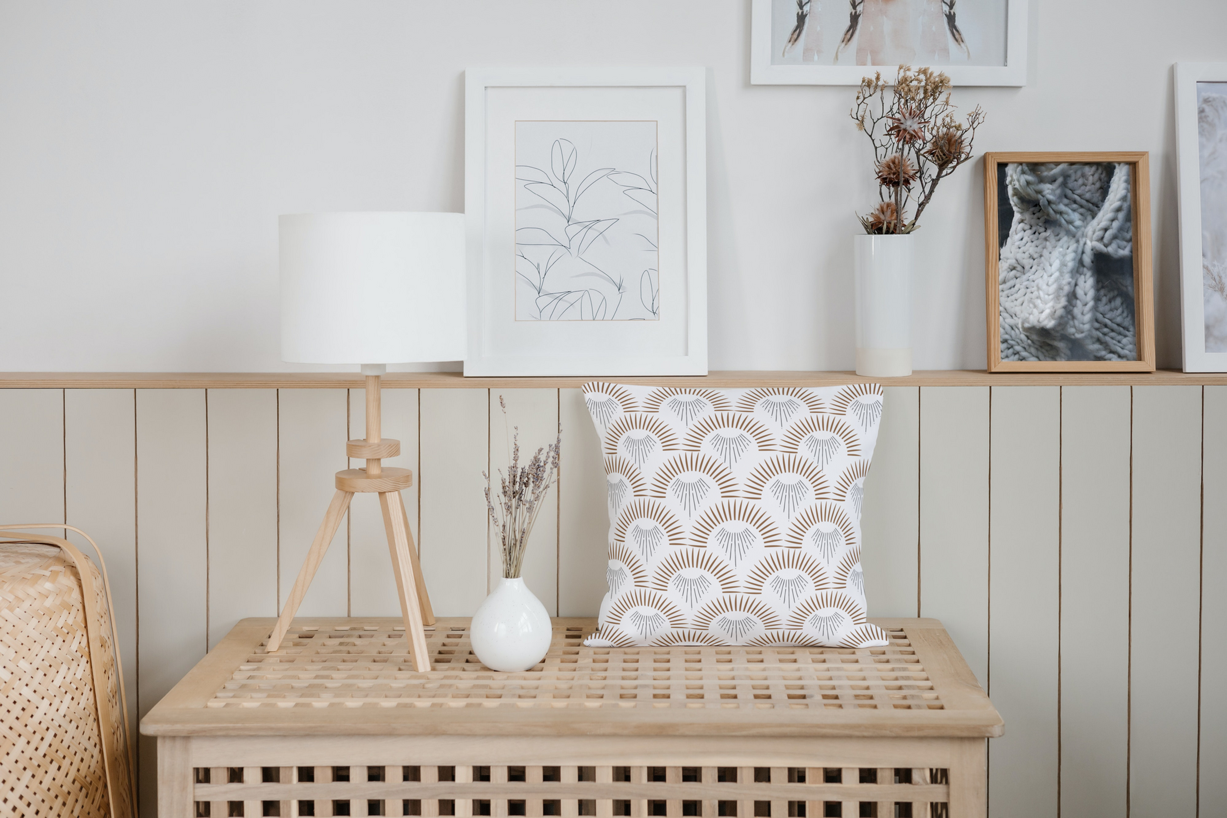 beige print square pillow table front view