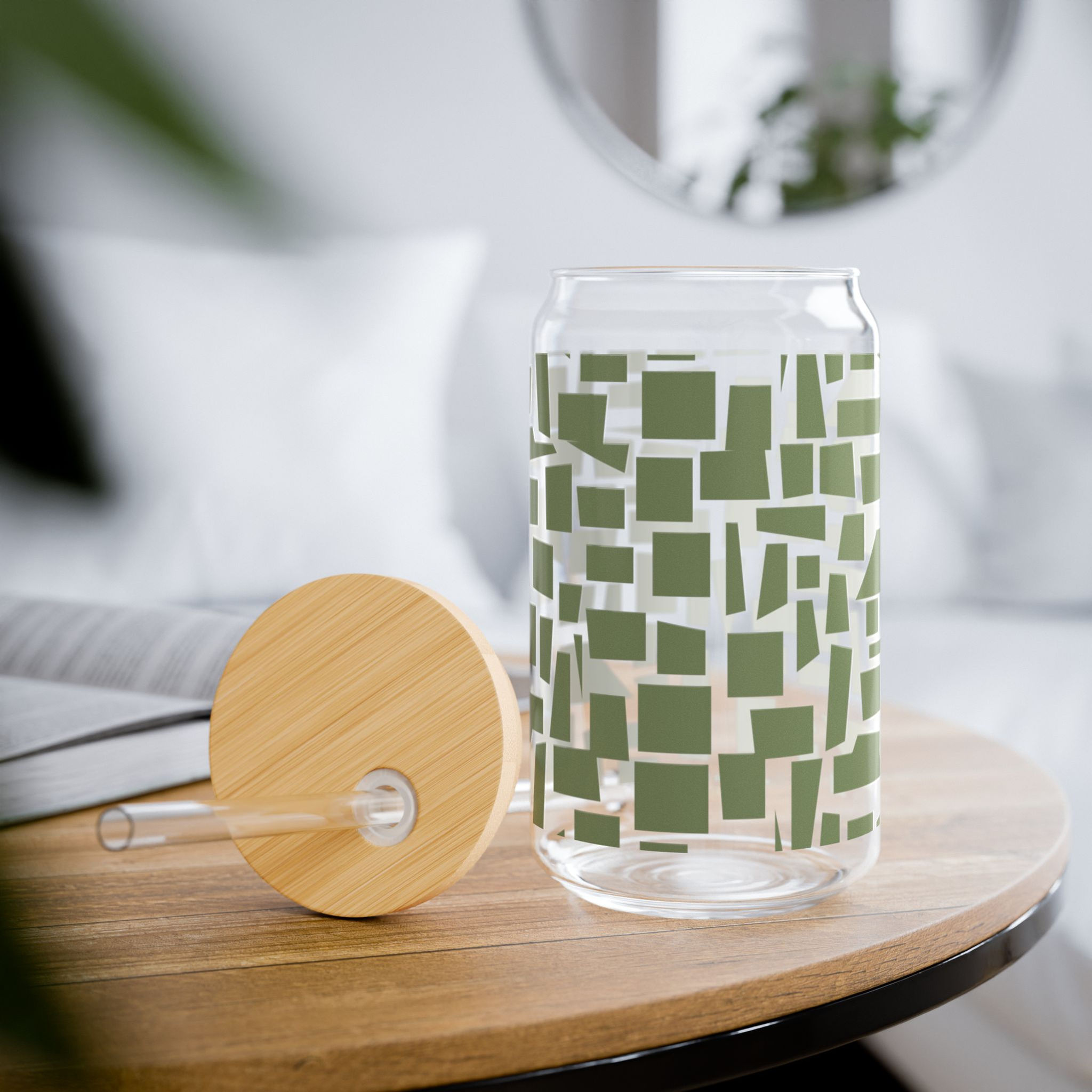 olive sipper glass with lid table view
