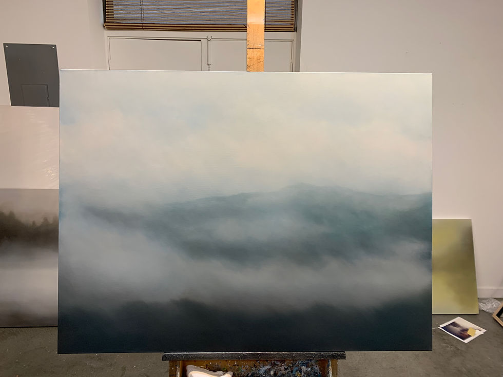Thumbnail: a visible uncertainty, foggy morning 36x48" oil on canvas framed in maple frame
