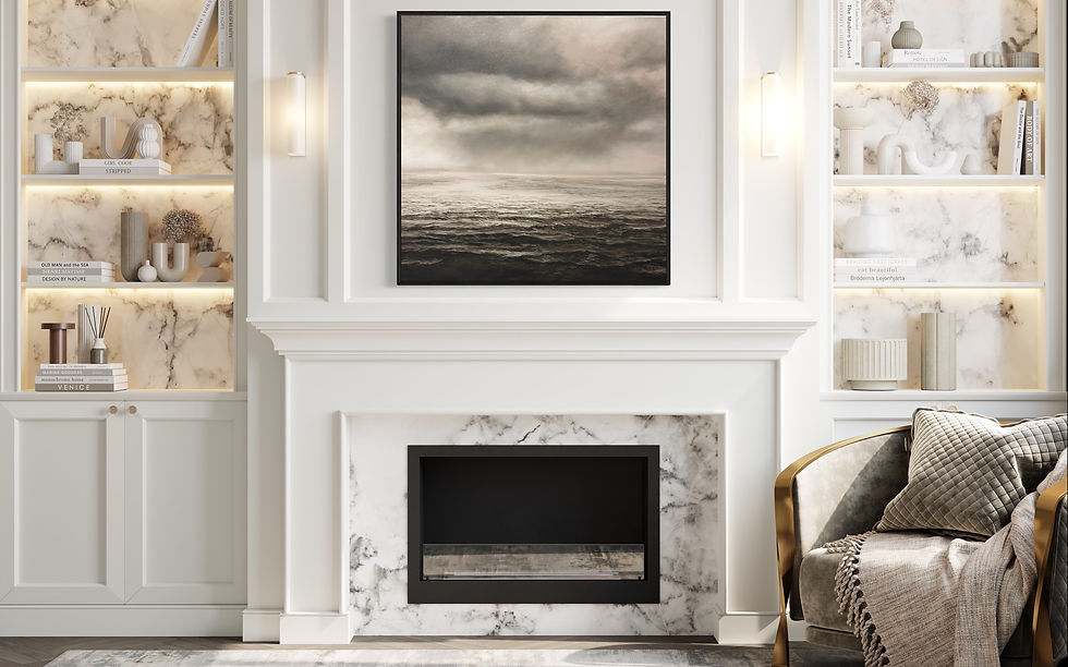 Thumbnail: rain story rosso i, 40x40" oil on canvas, framed in clear maple floater frame