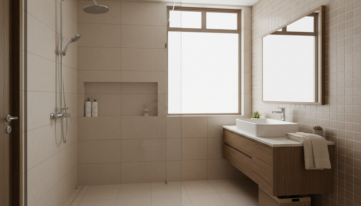 Wide-angle view of a compact Indian bathroom with a clear glass shower partition separating the shower from the vanity area