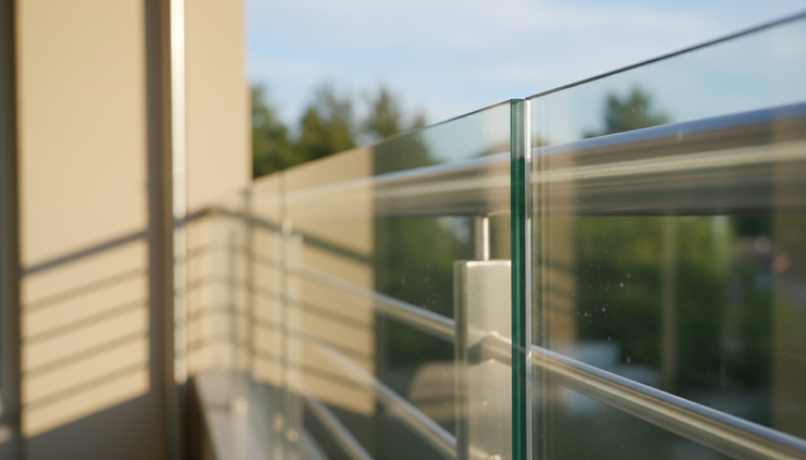 Close-up view of a laminated glass edge with visible layers beside a metal railing.
