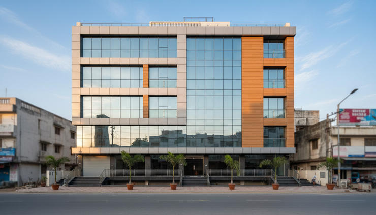 Wide-angle view of a modern building exterior with glass ACP and HPL panels