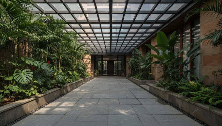 Eye-level view of sunlight passing through a glass canopy above a garden walkway.