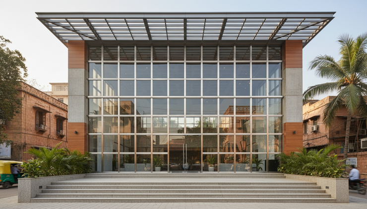 Eye-level view of a glass entrance façade with aluminium framing