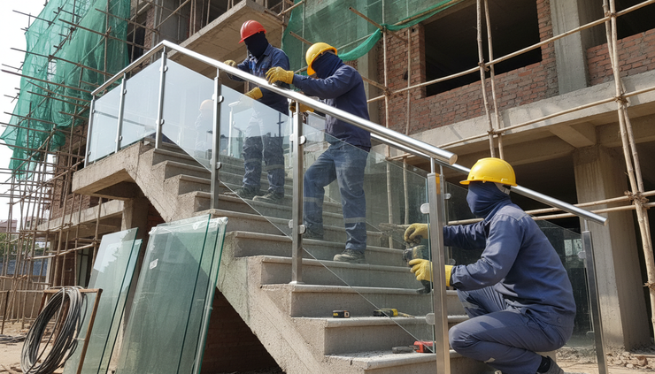 Low-angle view of workers installing glass panels into SS304 railing posts on an exterior staircase