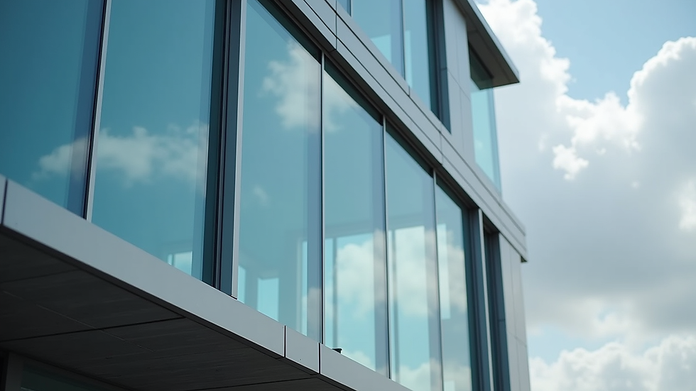 Close-up view of aluminium composite panel with glass facade on commercial building