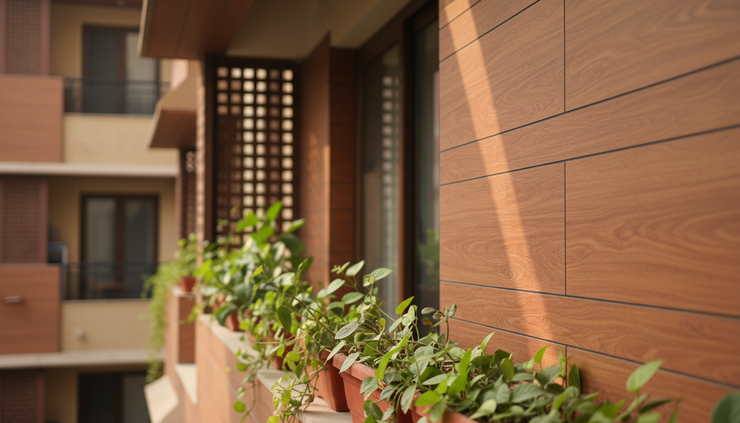 Close-up view of HPL panels on a shaded balcony façade