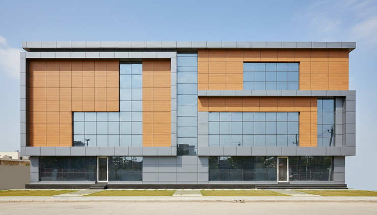 Wide-angle view of a modern Indian building facade with ACP and HPL cladding panels