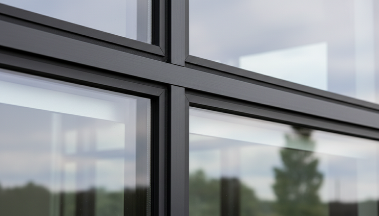 Close-up view of double-glazed glass panels held in an exterior aluminium frame.