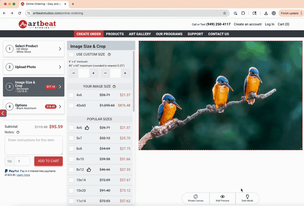 Image editing interface shows options for size, price, and settings on the left during Step 3 of the ordering process.