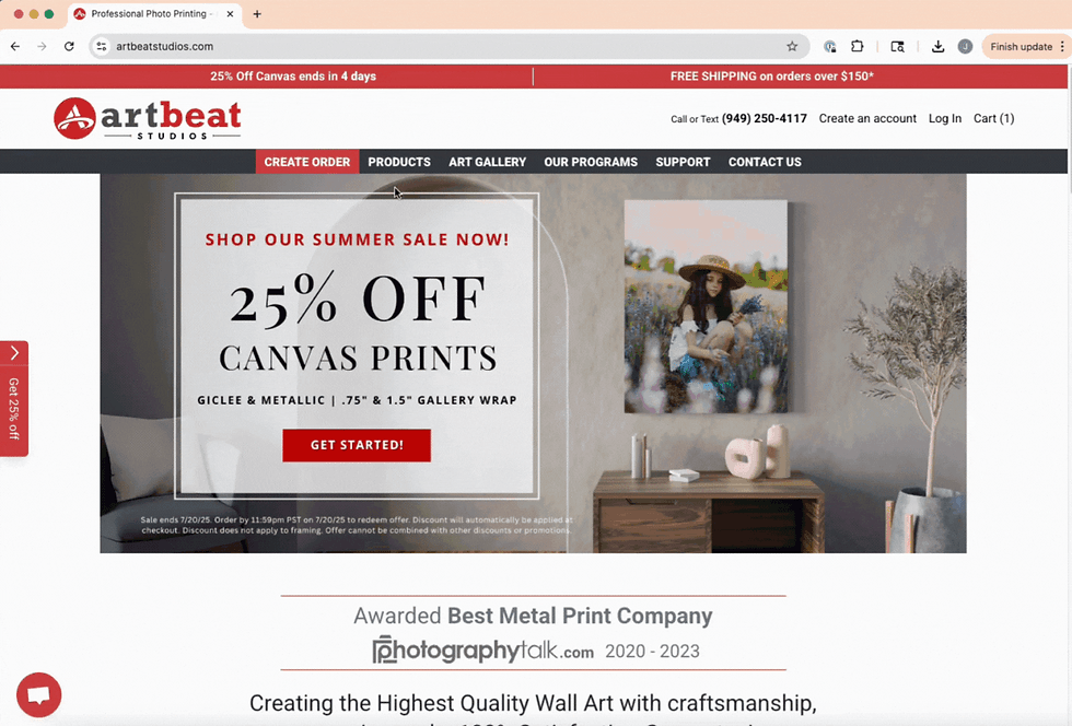 Artbeat Studios website showing how to select your material/product during Step 1 of ordering.