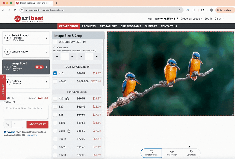 Rotate canvas button being used during Step 3 of the ordering process illustraing its use.