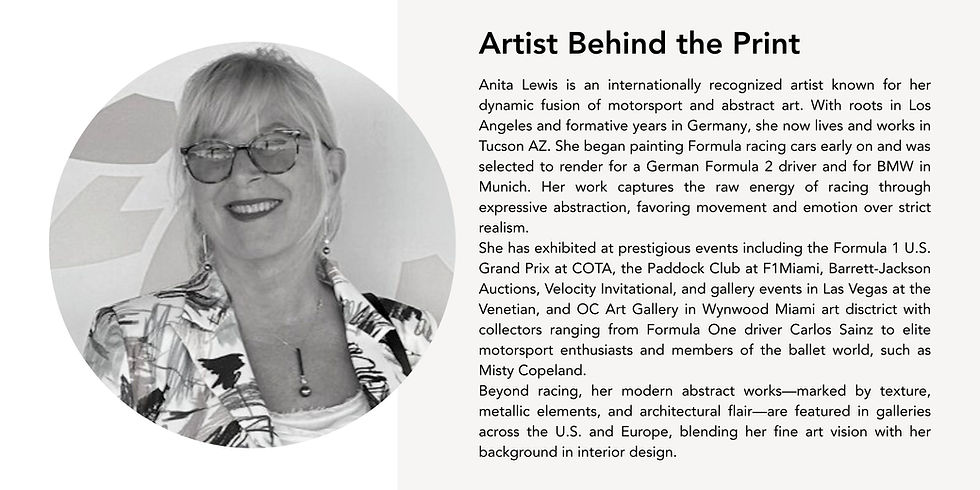 Anita Lewis in glasses, wearing a patterned jacket. Text beside her reads: "Artist Behind the Print" with a biography highlighting her art.